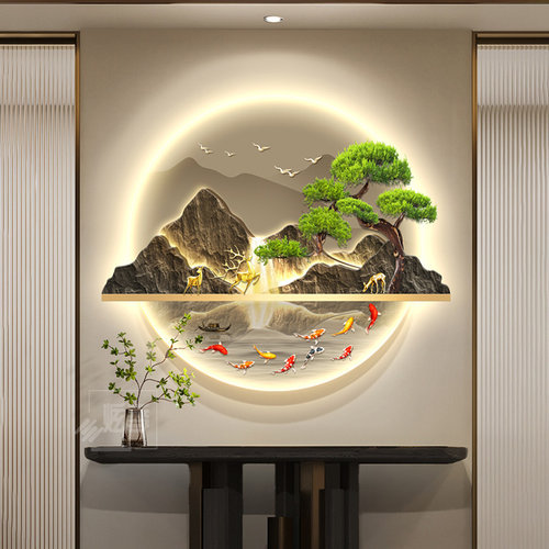 新中式玄关装饰画山水画走廊过道圆形挂画客厅入户迎客松壁画饭厅
