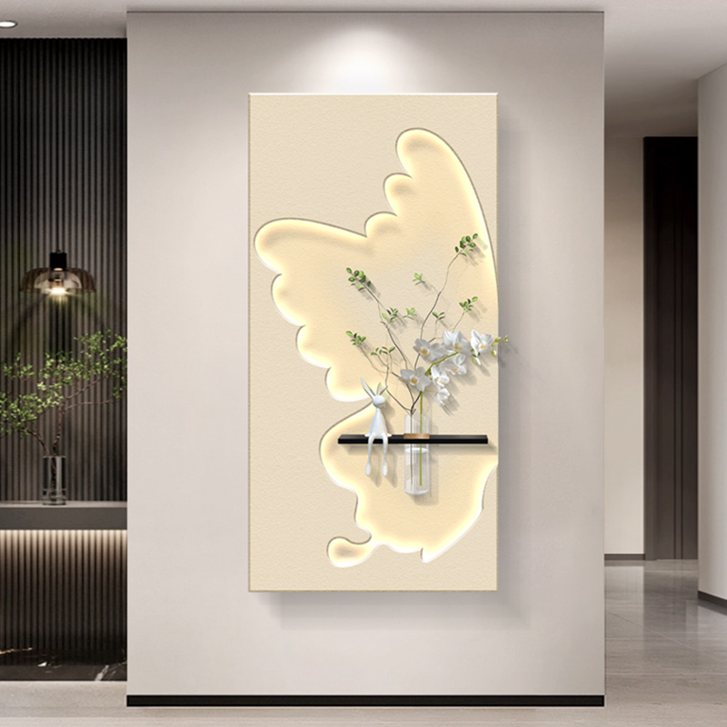 蝴蝶玄关装饰画轻奢简约走廊过道背景挂画水培绿植奶油风灯光壁画图片