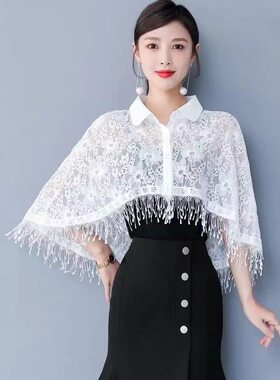蕾丝披肩小开衫女时尚翻领斗篷外搭配裙子旗袍薄外套流苏上衣