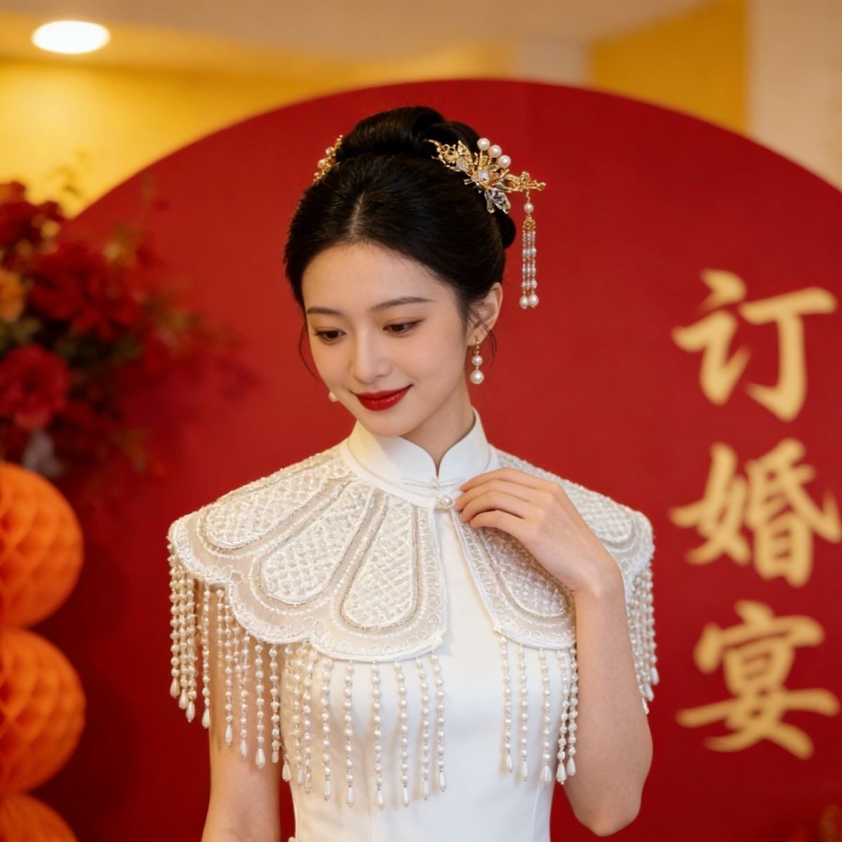 重工珍珠云肩蕾丝旗袍汉服披肩图片