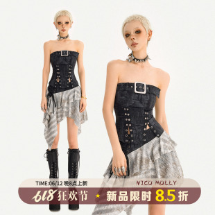 NicoMolly哥特风辣妹黑色设计感抹胸女y2k轻朋克修身短款外穿上衣