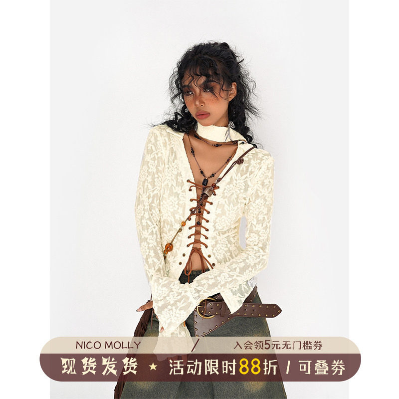 奶酷墨莉废土风复古蕾丝衬衫女春秋抽绳系带设计辣妹内搭打底上衣