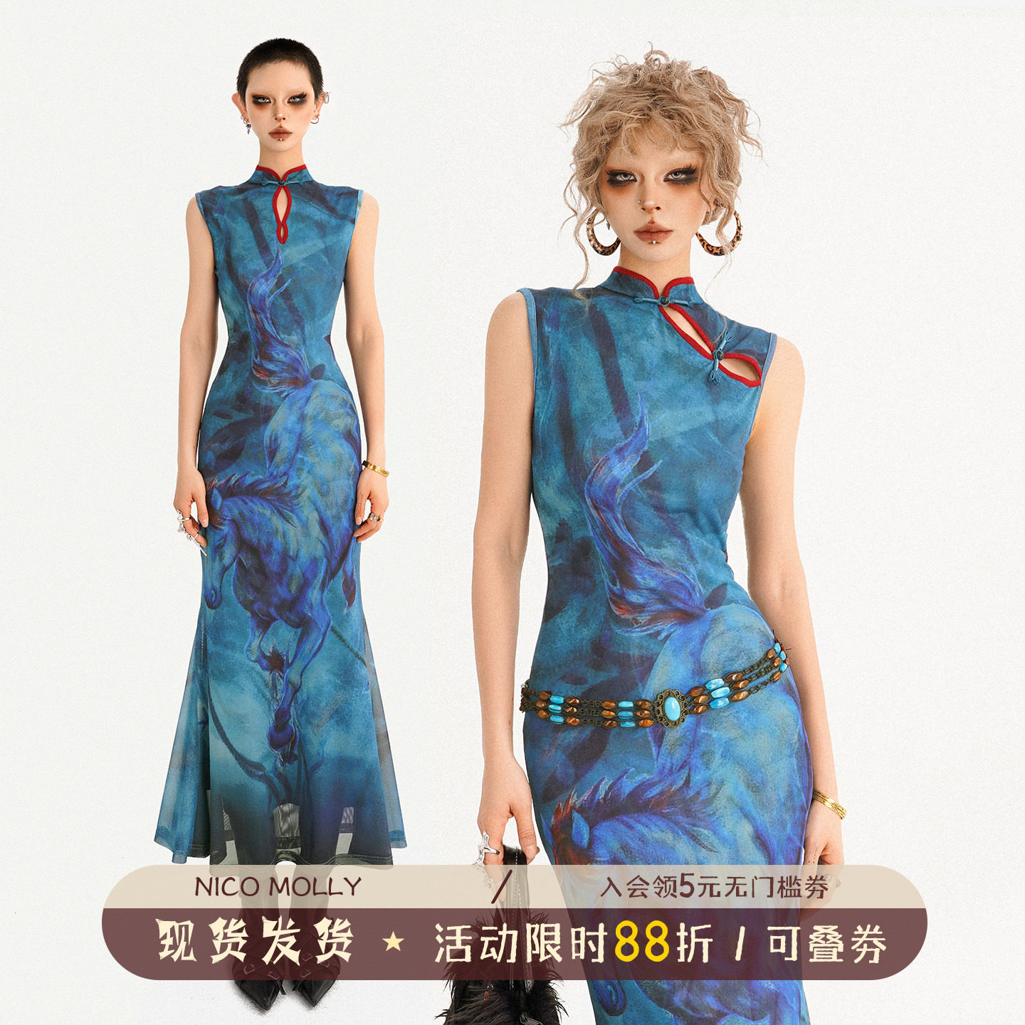 复古蓝花卉印花无袖收腰连衣裙图片