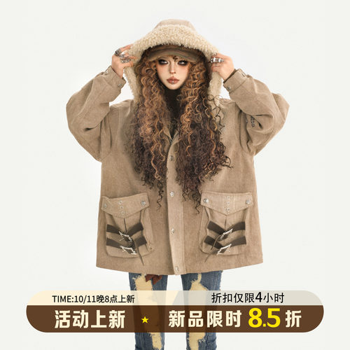 美式复古连帽加绒保暖宽松棉服女