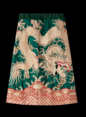 （舜亿轻奢）刺绣绿色高腰马面裙日常百褶V325