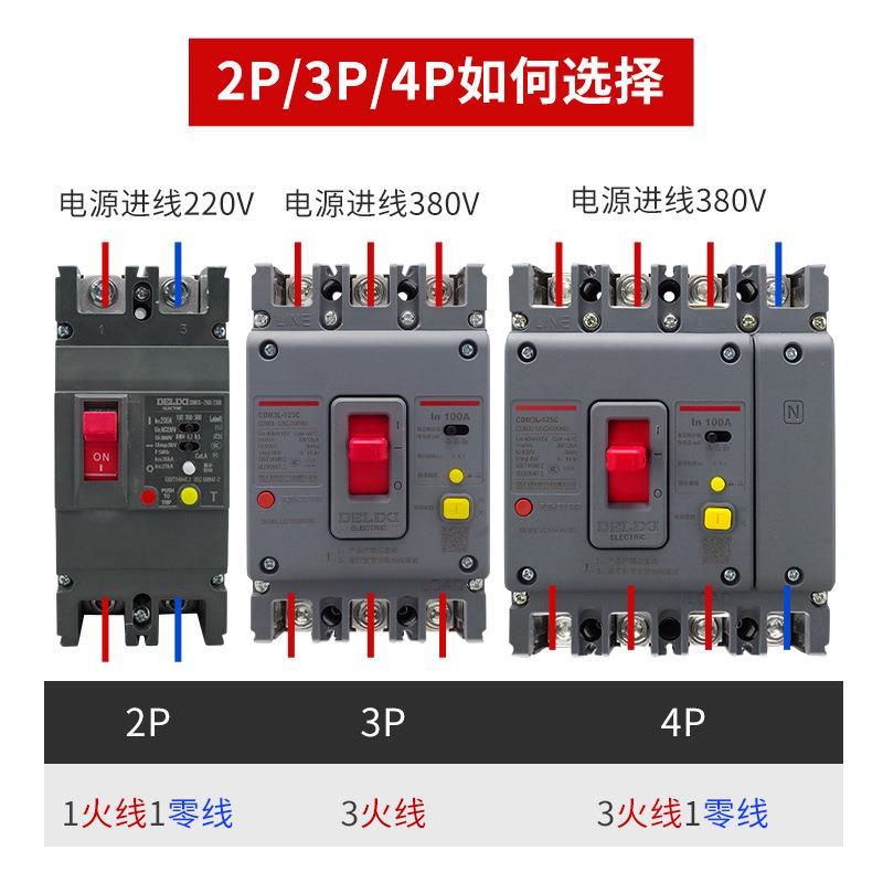 德力西CDM3L-250家用漏电开关2P 100A160A200A单相220V漏电保护器
