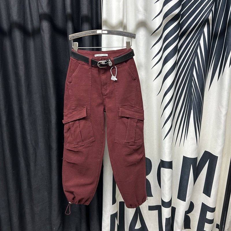 红色哈伦牛仔裤女2025春季新款高腰显瘦工装抽绳束脚小个子九分裤