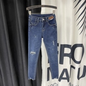 破洞牛仔裤 九分铅笔裤 女2025秋季 弹力修身 新款 欧洲站蓝色高腰个性