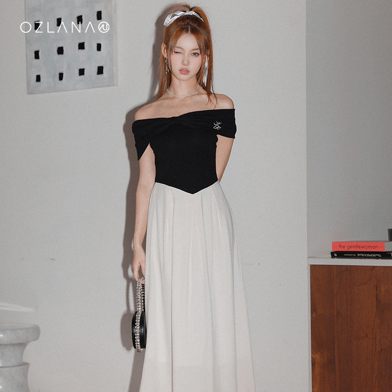 OZLANA一字肩连衣裙女夏季法式度假风设计款收腰显瘦露肩气质长裙
