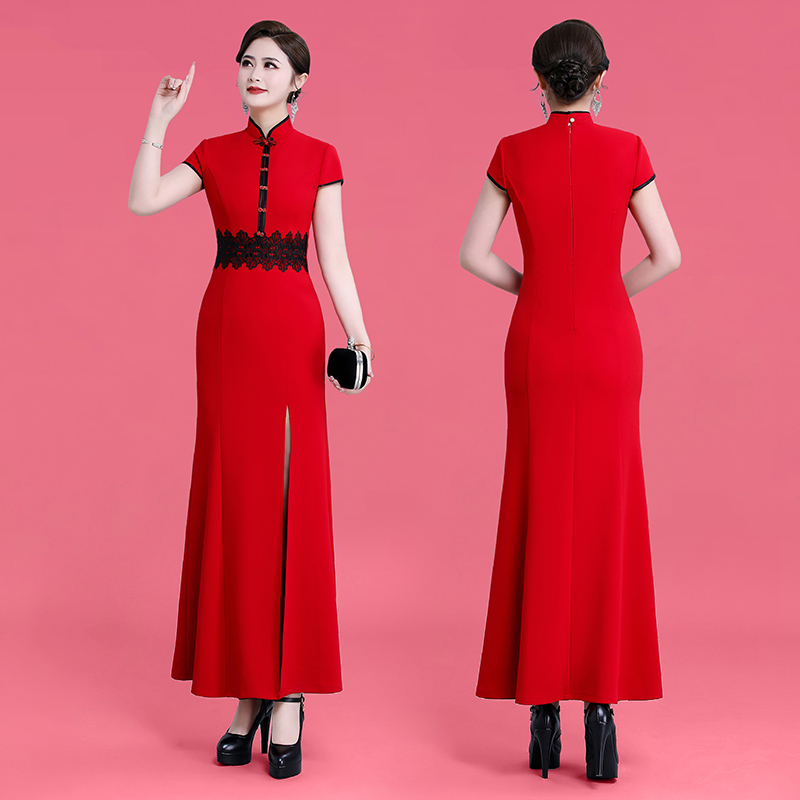 Red cheongsam, long elite suit, 2024 years, Chinese style Red cheongsam, long elite suit, 2024 years, Chinese style