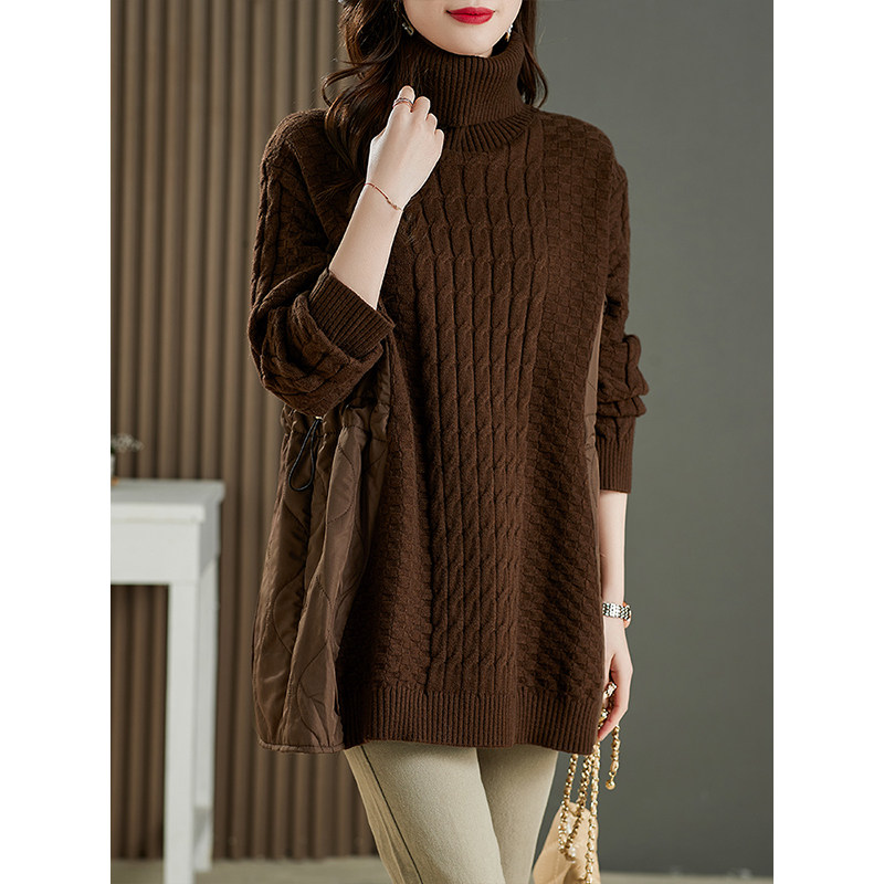 高领毛衣女冬中长款2021年新款宽松慵懒风夹棉上衣套头加厚针织衫