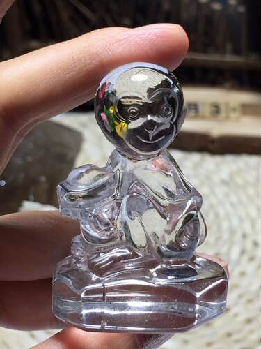 白水晶原石雕刻手把件十二生肖金猴报喜DIY小猴子摆件家居装饰
