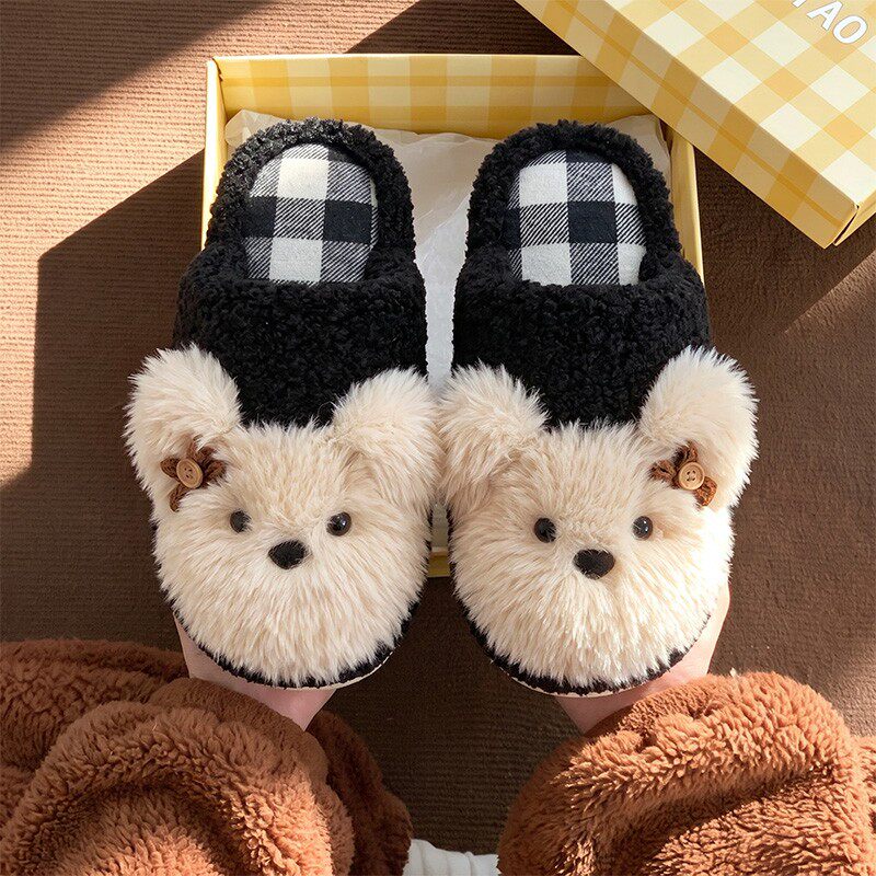 秋冬女卡通小狗加绒防滑棉拖