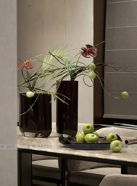 欧式轻奢高档玻璃扁形花器琥珀色水培花瓶样板间家居桌面饰品摆件