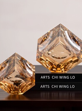 现代轻奢灰色方形水晶摆件样板房客厅茶几桌面咖色方块创意装饰品