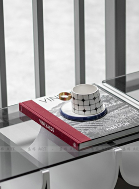 现代简约北欧蓝白条纹茶具杯碟摆件样板房售楼处阳台卧室软装饰品