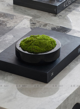 现代轻奢新中式茶几边几大理石永生青苔花仿真艺花器摆件装饰品