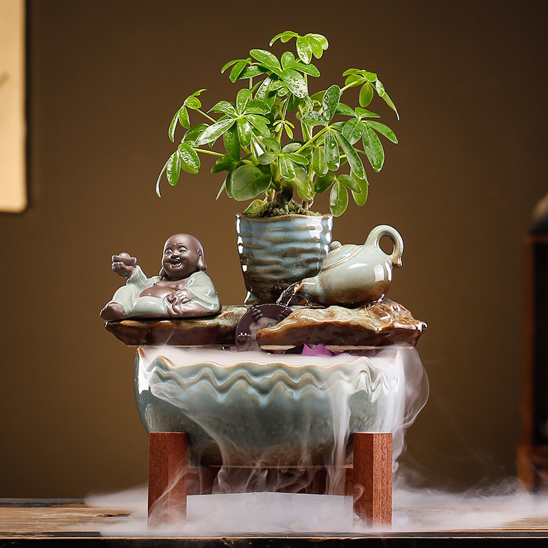 创意饰品鱼缸客厅小型家用桌面陶瓷玻璃风水轮 循环迷你流水族箱