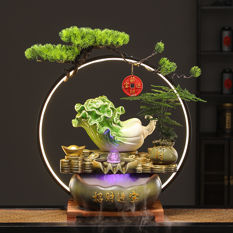 开业送礼陶瓷白菜摆财百财来福招财猫自动招手流水摆件循环水装饰