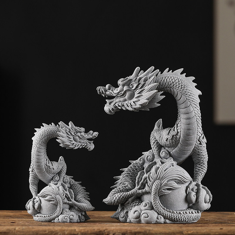 青砂石中式瑞兽盘龙祥龙神龙鱼缸造景茶室茶桌茶宠桌面装饰品摆件
