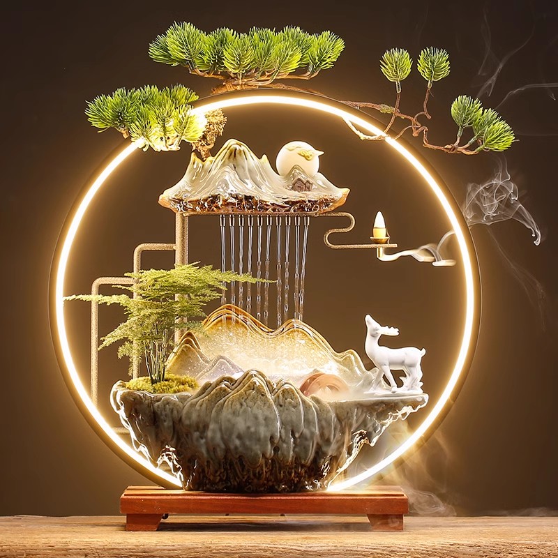 创意中式流水风水招财摆件客厅办公室桌面喷泉加湿开业乔迁礼物品