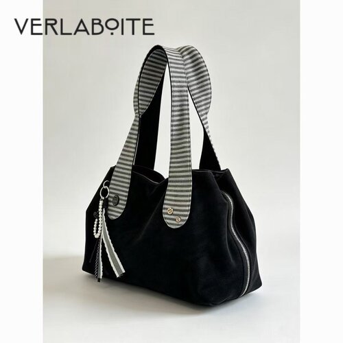 VERLABOITE条纹托特包女大容量单肩包黑色通勤包