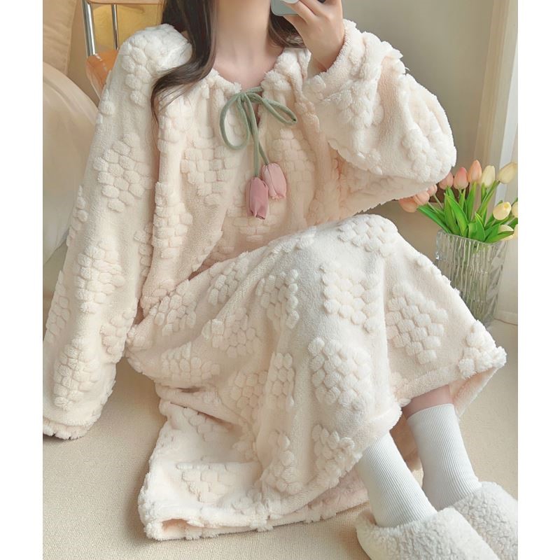 珊瑚绒睡裙女冬季加绒加厚甜美公主风可爱睡衣女法兰绒孕妇中长版