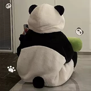 熊猫情侣睡袍秋冬季长款珊瑚绒加绒加厚大码连体睡衣男家居服套装