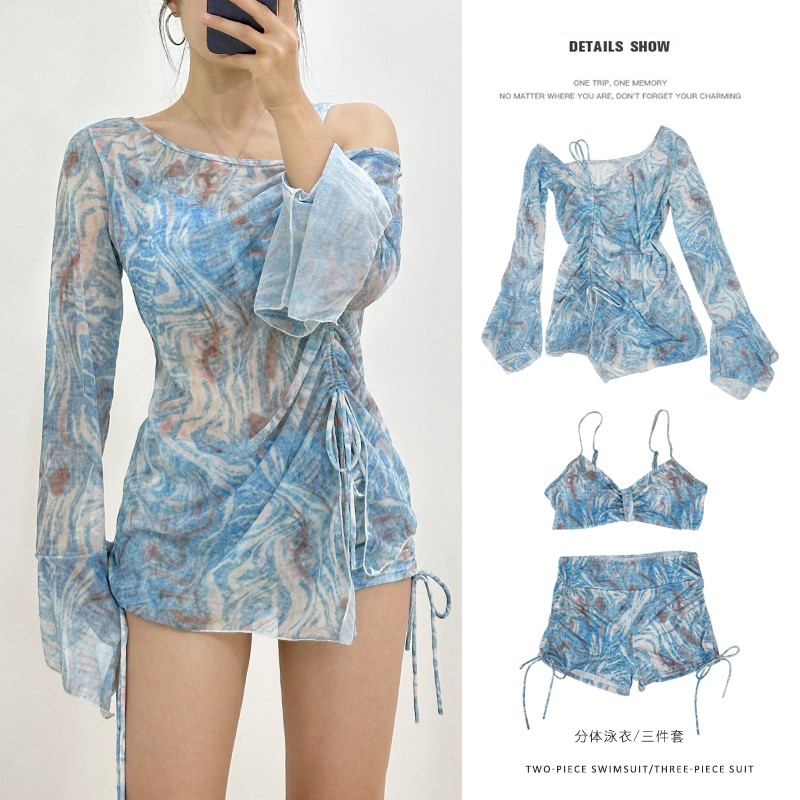 分体泳衣女款泡温泉微胖妹妹保守遮肚子显瘦大码性感三件套装长袖