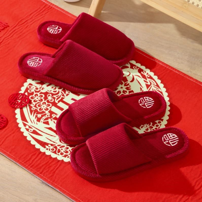 本命年大红色拖鞋女家居新婚喜庆棉拖鞋男春秋冬新年棉鞋情侣一对