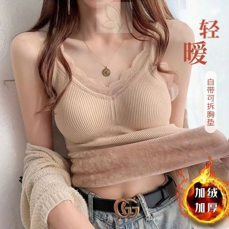 加绒加厚保暖吊带背心女2025秋冬带胸垫配西装内搭德绒打底衫上衣