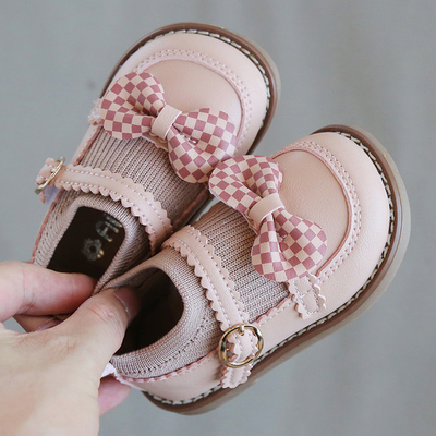 防滑，透气女蝴蝶结拼色学步鞋