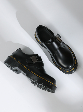 固特异新款低帮英伦风Fenimore黑色真皮马丁搭扣小皮鞋女厚底增高