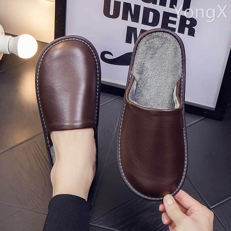 全牛皮防水日式居家冬季防滑不臭脚真皮加绒保暖棉拖鞋男家居室内