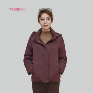 泰格女装2025冬装新款时尚连帽合体百搭棉服中年大码保暖棉衣