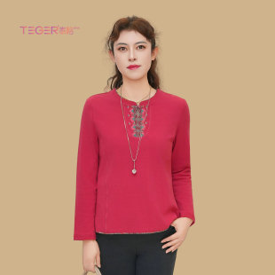 泰格旗下品牌桑迪秋装新款棉质圆领长袖T恤中年大码女装优雅上衣