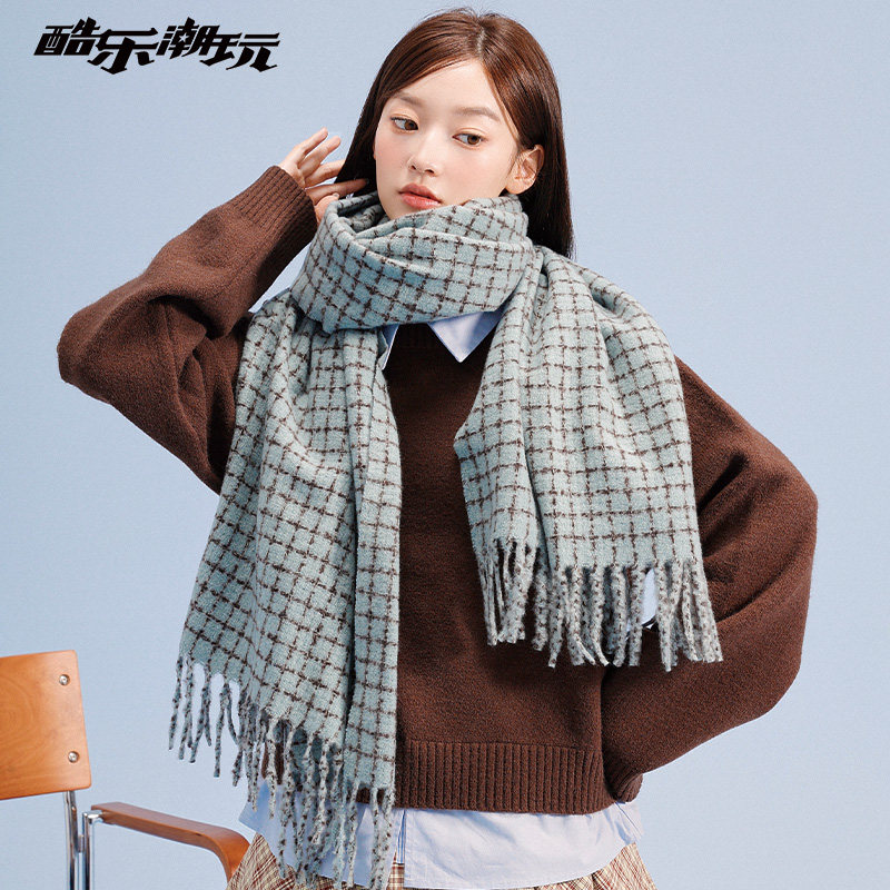 酷乐潮玩蓝棕格纹千鸟格流苏围巾2025新款女冬季韩版百搭保暖围脖
