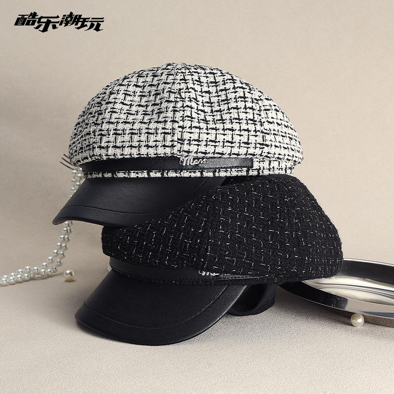 酷乐潮玩千金风八角帽女2025新款miu系格纹千鸟格秋冬帽子大头围