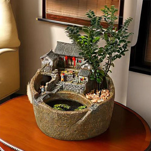 覆古农家乐庭院微型房子流水装饰入口装饰客厅书房装饰树脂工艺品