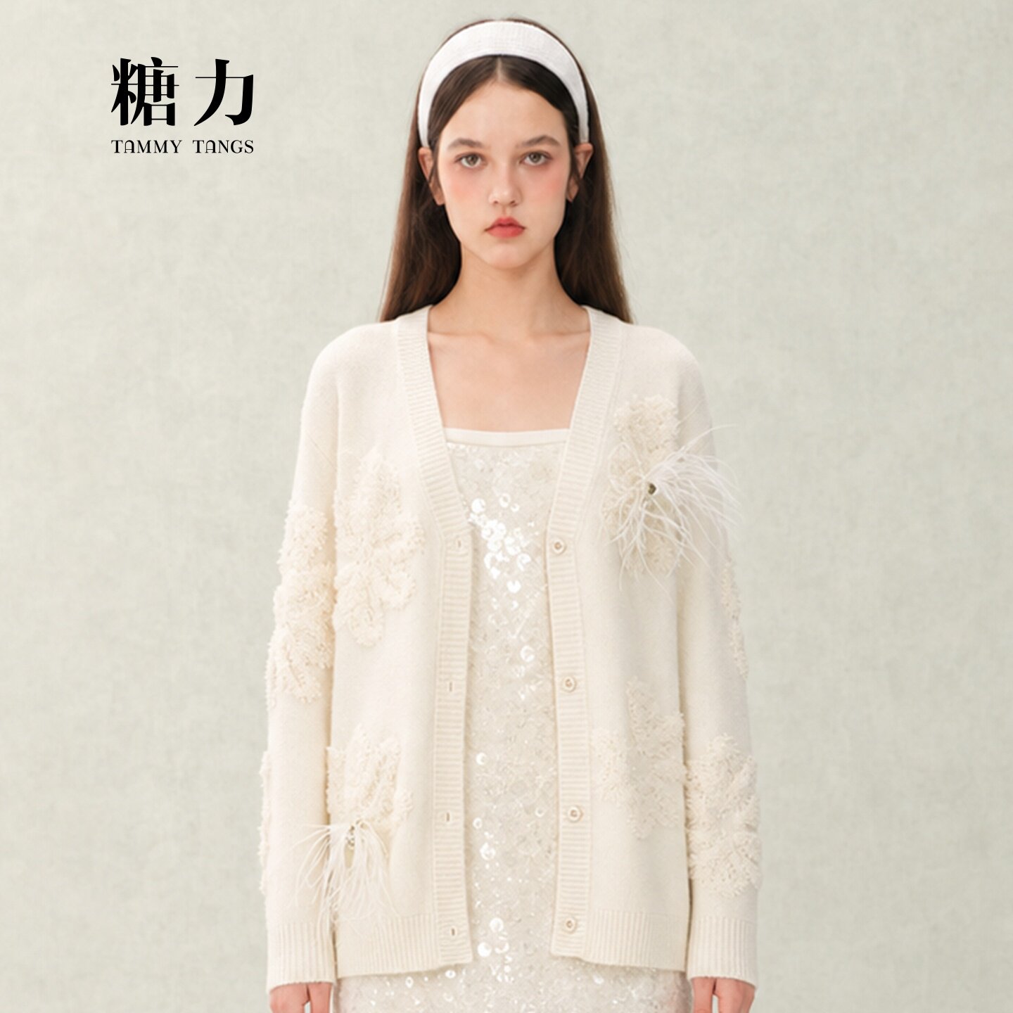 糖力可拆卸羽毛提花针织衫开衫女图片