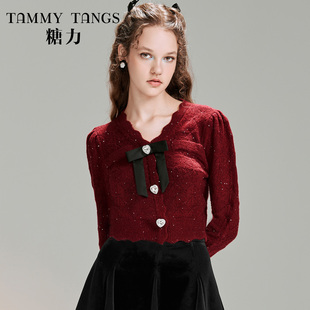 【明星同款】糖力秋冬季红色钻饰蝴蝶结亮片针织衫女短款毛衣上衣
