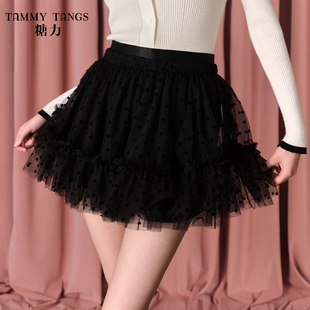 商场同款糖力 黑天鹅蓬蓬裙短裙 仙气甜美波点网纱半身裙女