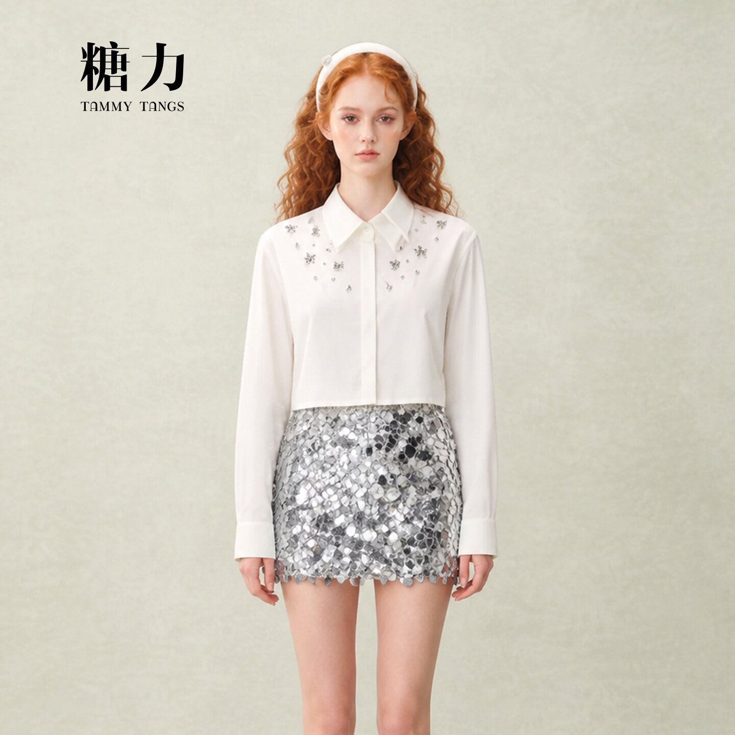 糖力长袖纯棉手缝钻饰衬衫女短款图片