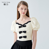 撞色蝴蝶结提花收腰短款 上衣女 甜美千金 泡泡短袖 清仓 糖力