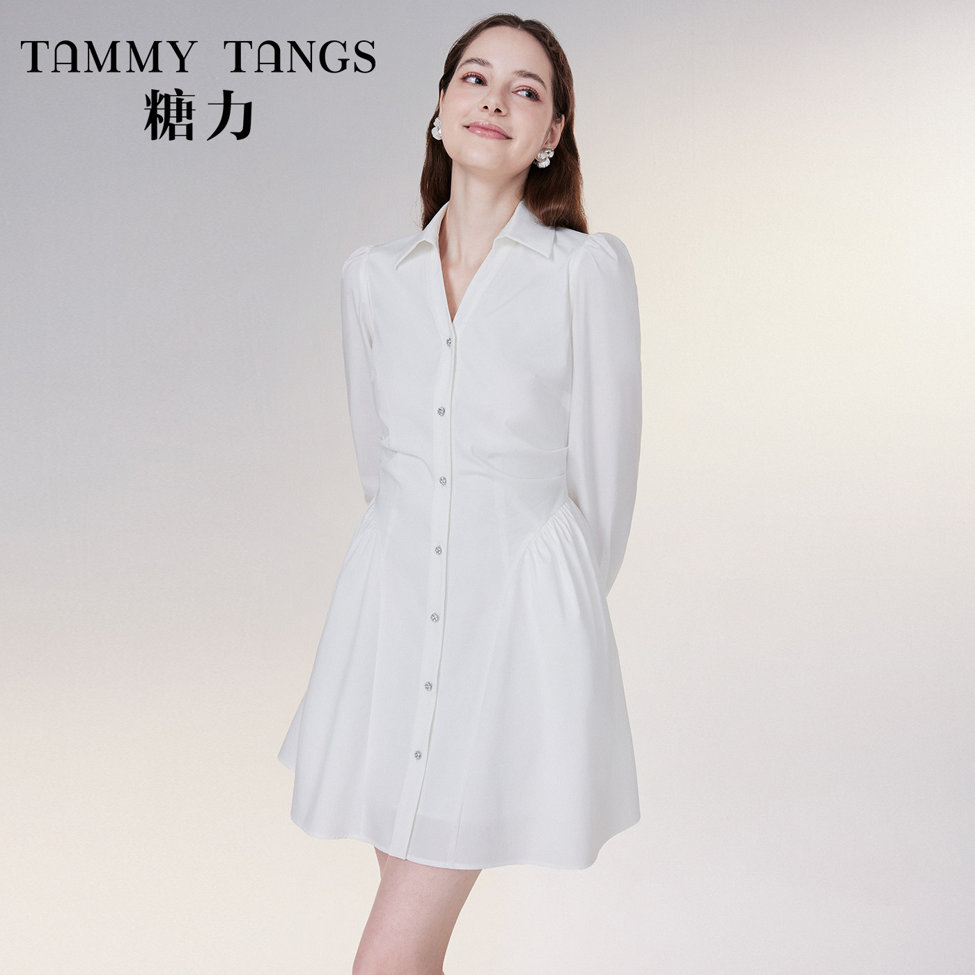 【商场同款】糖力 白色长袖收腰钻饰单排扣衬衫连衣裙女春秋季