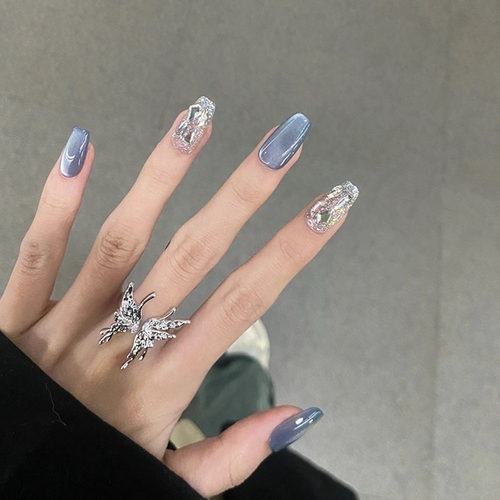 穿戴甲手工定制爆闪高级感雾霾蓝猫眼气质显白美甲贴片成品穿戴式