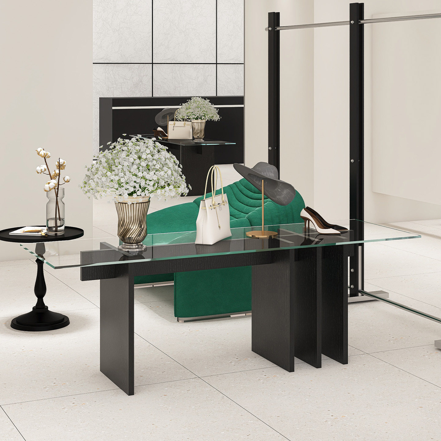 中岛展示台女装店鞋包店洞石烤漆黑流水台饰品中间摆放服装陈列桌