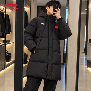 李宁羽绒服男大学生休闲中长款连帽加厚黑色保暖2026冬季新款外套
