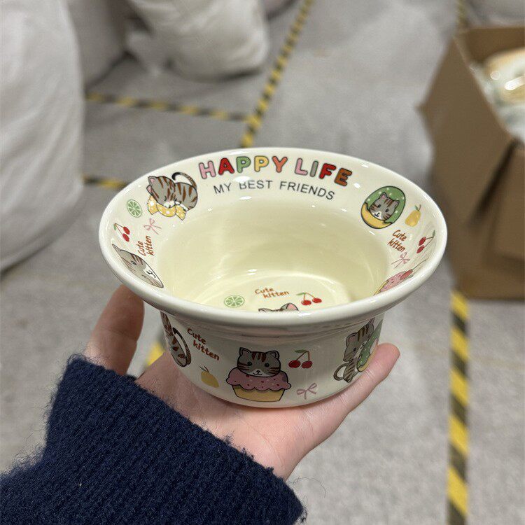 新款涂鸦甜品陶瓷碗高颜值ins餐具早餐沙拉碗猫碗狗碗儿童汤饭碗