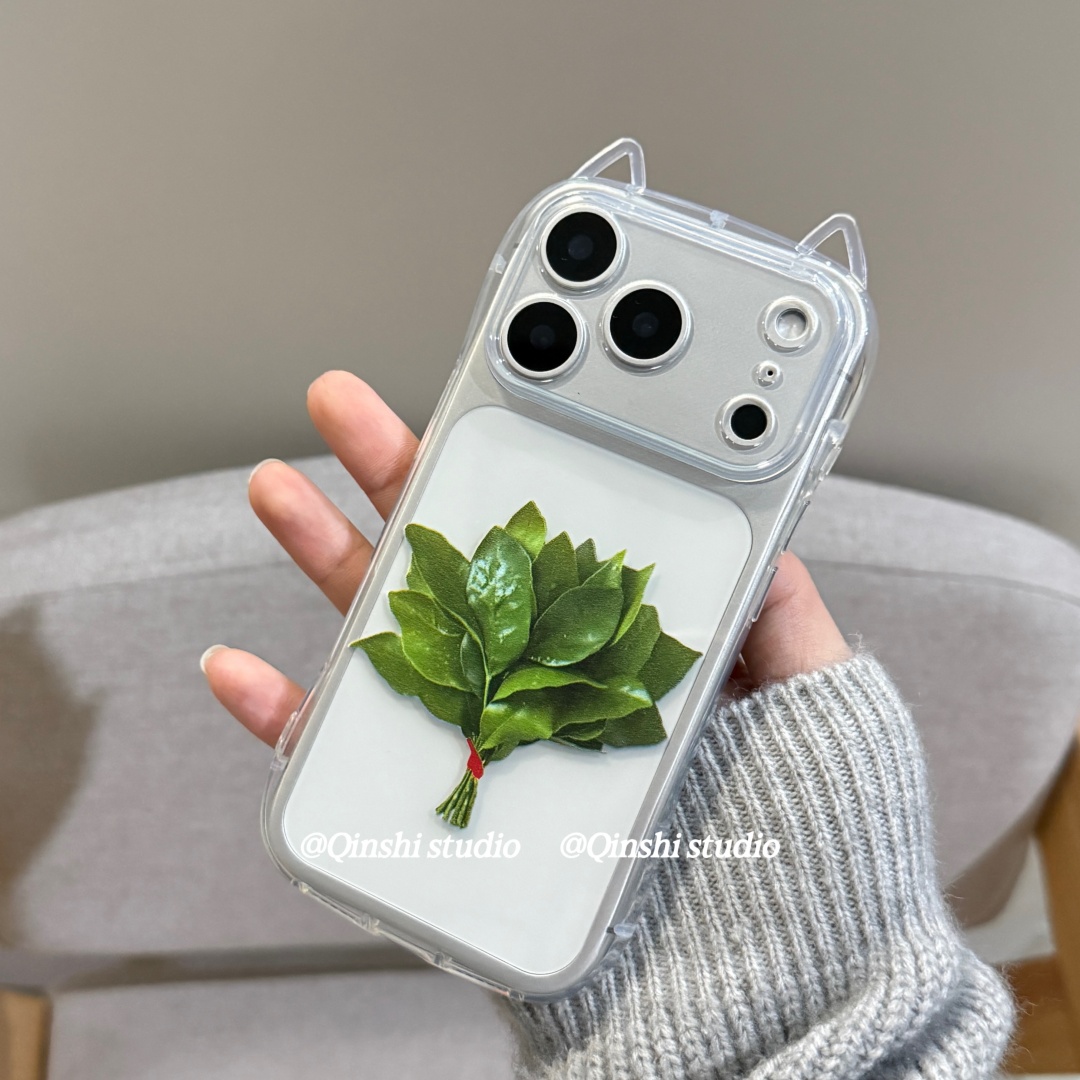 勤仕 去晦气柚子叶立体猫耳朵适用苹果17promax手机壳iphone16好运15新款14plus国风13情侣12防摔透明软硅胶